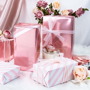 <b>Pink</b> Wrapping Paper Roll Reversible - 17 In X 32.8 Ft(46.5 sq.ft.) Metallic <b>Pink</b> and Stripe Design Gift <b>Wrap</b> - Product Image 2