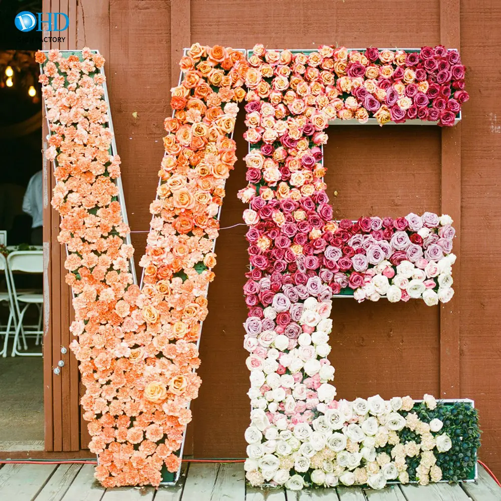 結婚式のための2022カスタマイズされたお祝い3Dメタルフレーム白い愛の花花花花飾り文字番号