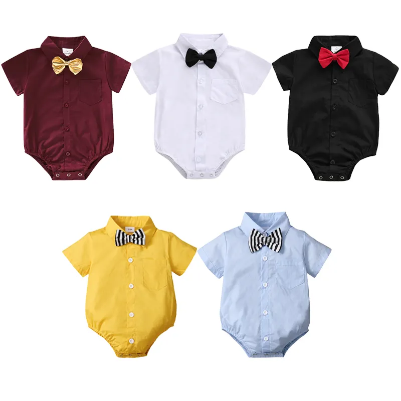 Yaz erkek bebek beyefendi giysileri kısa kollu bebek Romper giyim % 100% pamuk örgü Bodysuits bebek