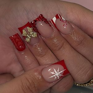 Faux ongles carrés courts à presser pour Noël, motif rouge français, nœud doré, flocon de neige blanc, réutilisables et détachables, pour les fêtes de fin d'année - Product Image 1