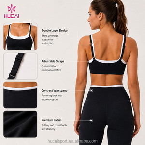 Ensemble de sport 2 pièces ODM HUCAI avec logo personnalisé, design bicolore, bretelles réglables, soutien-gorge de sport double couche et leggings de <span class=keywords><strong>yoga</strong></span> - Product Image 2