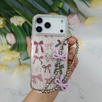 Coque de téléphone transparente avec nœud mignon et paillettes, cadre d'appareil photo en strass, et dragonne perlée, protection pour iPhone 17 Pro Max Samsung