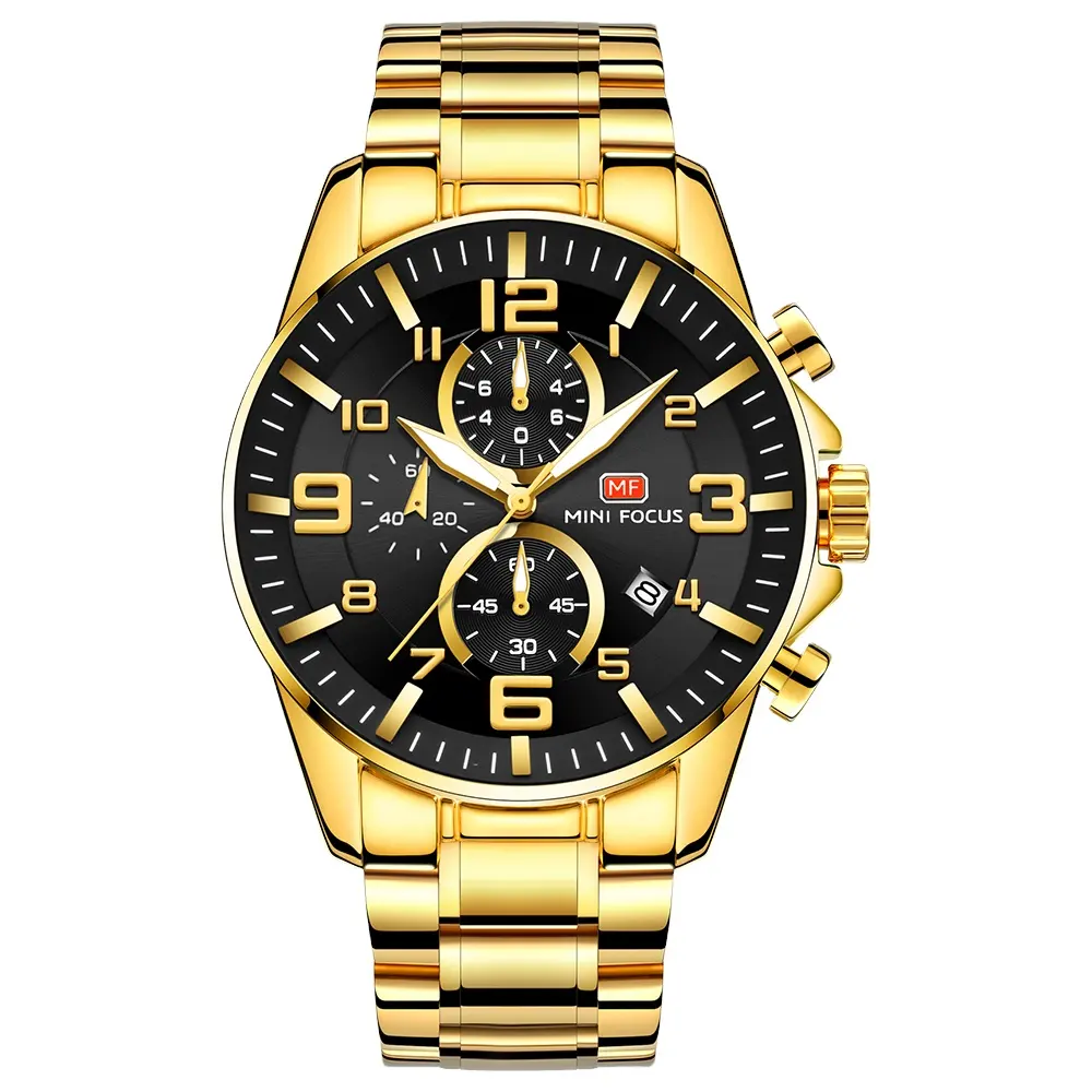 Relogio Masculino Mini Focus MF0278G Stainless Steel Bracelet Chronograph Quartz Watches Gold Luxury Men Wrist Watch