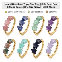 Bague élastique sculptée triple étoile en pierres précieuses naturelles, avec perles dorées, Quartz Fraise, Améthyste, Sodalite, 8 couleurs, Taille unique, Y2K, OEM