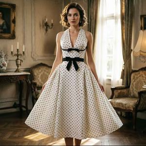 Abiti Estivi da <span class=keywords><strong>Donna</strong></span> in Raso a Pois Stile <span class=keywords><strong>Retrò</strong></span>, Lavabili, in Tessuto Non Tessuto, Lunghi fino al Pavimento, Vestibilità Slim, <span class=keywords><strong>Abbigliamento</strong></span> Boutique - Vendita Calda - Product Image 2