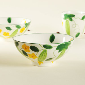 Bol en céramique rustique peint à la main, motif floral de vigne de concombre, vaisselle réutilisable, style jardin d'été - Product Image 3