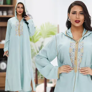 Dubai Women's Casual Long Embroidered Muslim Dress V-Neck Robe Natural Plain Dyed Sustainable Summer Fashion Large Size Middle