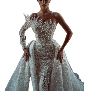 Luxo frisado ilusão manga comprida trem destacável das mulheres africanas noiva vestidos de casamento um ombro nupcial vestidos de casamento - Product Image 5
