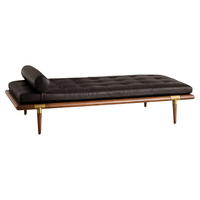 Chaise longue moderne du milieu du siècle en chêne massif, écologique, avec dossier inclinable, en cuir noir capitonné, banquette de salon avec coussin de soutien pour chambre à coucher