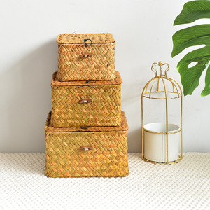 Hand-woven <b>storage</b> <b>baskets</b> with lids, gift boxes made of straw and rattan, wedding favors, and bamboo. - Product Image 1