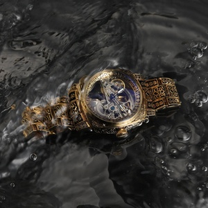 นาฬิกาข้อมือจักรกลโครงกระดูกสีทองวินเทจสำหรับผู้ชาย หน้าปัดแบบโปร่ง ตัวเลขโรมัน ขอบตัวเรือนสแตนเลสสตีล นาฬิกาหรูสำหรับธุรกิจและงานทางการ - Product Image 4