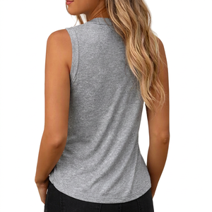 Wholesale 2026 Summer Women's Customized Crew Neck Plaid Zipper Mask Tank <b>Top</b> White Solid Pleated Casual Knitted Hole Printed - Product Image 2