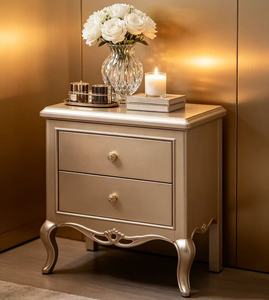 Luxury Champagne Gold Solid Wood Nightstand,2 Drawer Carved Curved Leg Bedside Cabinet for French Royal Bedroom <b>Night</b> <b>Stand</b> - Product Image 2