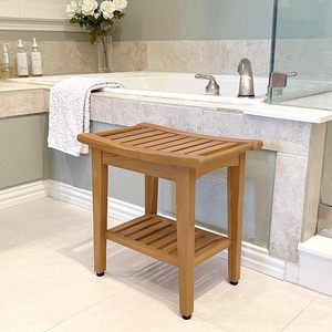 Tabouret <span class=keywords><strong>de</strong></span> <span class=keywords><strong>salle</strong></span> <span class=keywords><strong>de</strong></span> <span class=keywords><strong>bain</strong></span> <span class=keywords><strong>en</strong></span> <span class=keywords><strong>teck</strong></span> massif, moderne et écologique, avec étagère inférieure, entièrement assemblé - Product Image 2