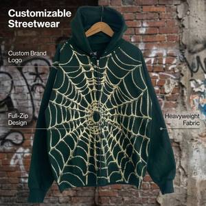 Sudaderas con capucha personalizadas al por mayor de algodón grueso estilo streetwear Y2K con estampado gráfico de telaraña y cremallera completa para hombre - Product Image 1