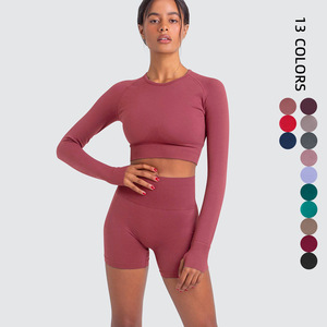 2025 automne femmes Fitness <span class=keywords><strong>sport</strong></span> salle de <span class=keywords><strong>sport</strong></span> à manches longues vêtements de <span class=keywords><strong>sport</strong></span> 2 pièces Shorts d'entraînement Leggings ensemble imprimé Logo Yoga haut <span class=keywords><strong>bas</strong></span> - Product Image 1