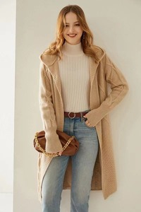Oem Sweat à capuche en tricot épais Long Pull <span class=keywords><strong>Manteau</strong></span> Femmes Sans Bouton Couverture Longueur au Genou Cachemire Wrap Cable Knitting Coat Cardigan Avec Ceinture - Product Image 3