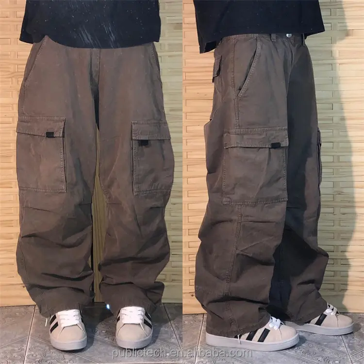 Yüksek kalite Unisex Streetwear özel anti-kırışıklık rüzgar geçirmez kalın kumaş Baggy geniş bacak Chino paraşüt pantolon erkekler için