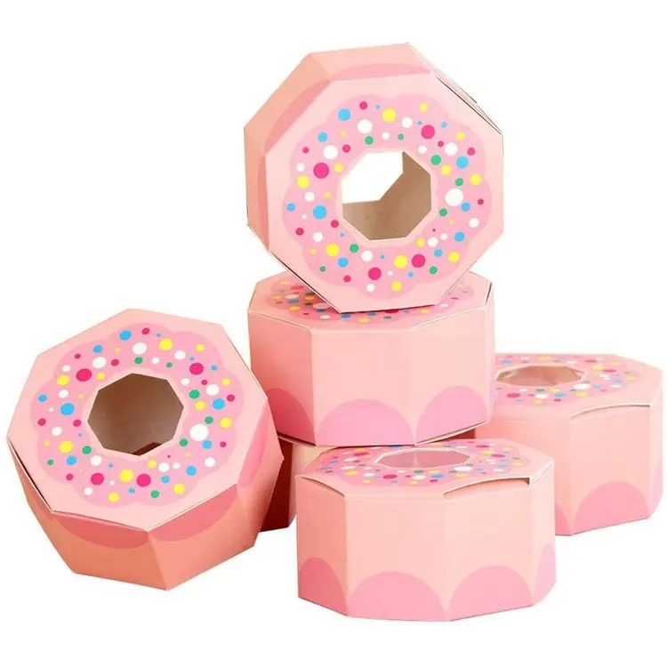 गुलाबी कैंडी बक्से डोनट पैटर्न पार्टी एहसान बक्से बहुभुज इलाज के लिए खिड़की के साथ उपहार बक्से बच्चों के जन्मदिन क्रिसमस