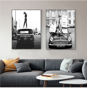 <span class=keywords><strong>Cuadro</strong></span> en lienzo de estilo Retro para chica y <span class=keywords><strong>coche</strong></span>, fotos blancas y negras, arte de la calle Vintage - Product Image 1