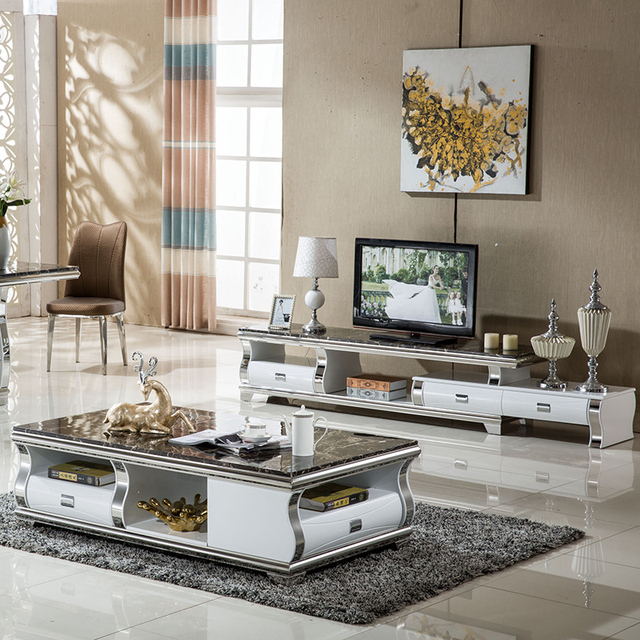 Telescopic TV Cabinet, Living Room, Coffee Table, Home, Light Luxury, Modern, Simple, Stainless Steel, Marble, Combination Table