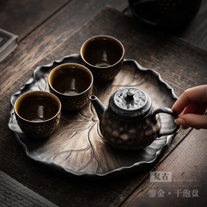 Plateau à thé en céramique, motif feuille de lotus, en poterie rustique dorée, pour service de thé Kung Fu, avec rangement et plateau de préparation à sec, style chinois rétro - Product Image 1