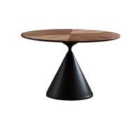 Ensemble de salle à manger rond rétro en bois massif de noyer pour 4-6 personnes, base conique noire et chaises rembourrées blanc-noir (ou pour réception à domicile)