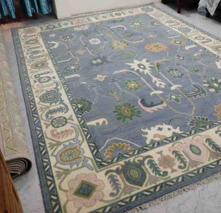 Best Customizable 9x12 Blue Beige Knotted Handmade Oushak Rug Vintage Turkish Area Rug for Teen Living Room for Home Use