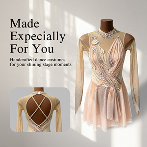 Costume de danse sur glace/figurine en spandex/polyester à manches longues, imprimé pailleté rose nude personnalisé avec strass, pour filles et femmes - Product Image 1