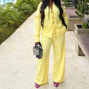 Conjunto de 2 Piezas para Mujer: Blusa Plisada con Lazo y Pantalones Africanos de Pierna Recta, Nuevo Color Sólido, a la Moda - Product Image 6