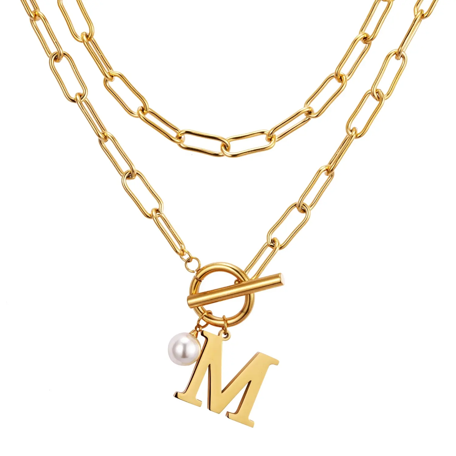 Gioielli di moda personalizzati collana con catena a graffetta in oro 18 carati in acciaio inossidabile collana con accessori per ciondoli a lettera M di perle per le donne