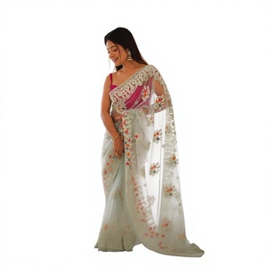 Sari Tradicional de Seda Verde Mar para Mujer, Largo hasta el Suelo, con Bordado Floral, Estilo India Pakistán, para Bodas - Product Image 1