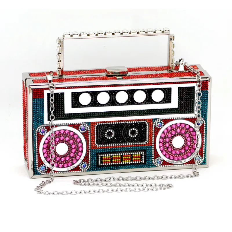 American Crystal Retro Radio Handbag Vintage Red Radio Rhinestone Bag Crystal Crossbody Bag For Women Evening Party