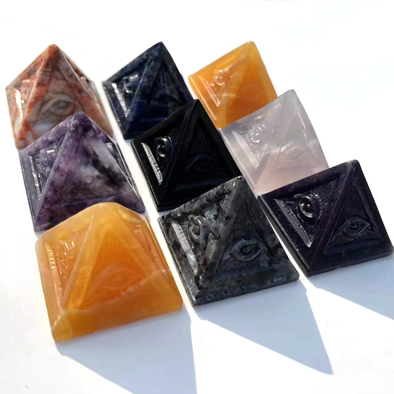 Wholesale Various Natural Gemstone Carved Crafts Quartz Crystal Pyramid With Eye of Horus