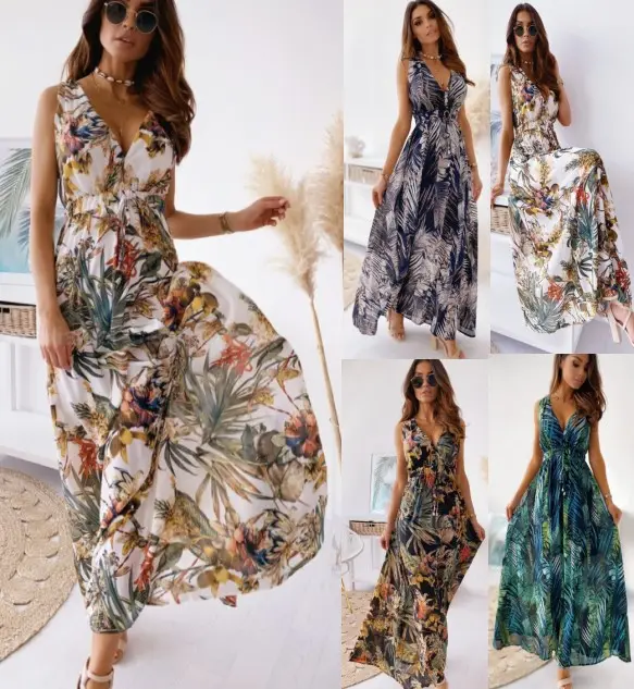 Vestido de praia boho maxi com decote em V para mulheres, vestido floral casual elegante, ideal para mulheres, 2024