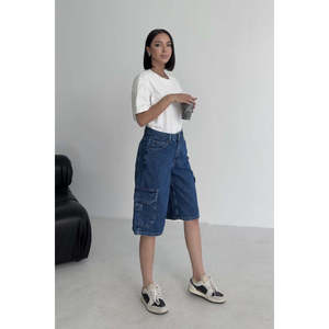 Shorts cargo en jean pour femme Sloane, longueur mi-longue, délavage foncé, 100% coton, style simple - Product Image 2