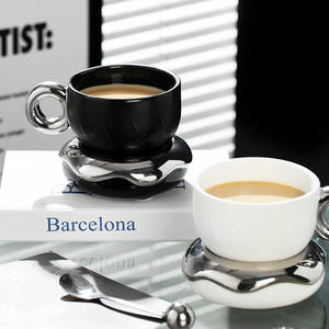 Hsc20230607 1 Juego de taza y platillo de café, 230 ml, plateado electroplacado, diseño creativo, vajilla moderna - Product Image 1