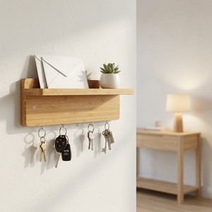 Porte-clés mural moderne en bambou avec étagère organisatrice de courrier et <span class=keywords><strong>5</strong></span> crochets pour entrée, buanderie, bureau à domicile, décoration professionnelle - Product Image 2