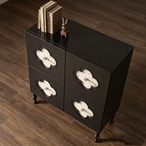 Premium Black Tall Wooden Cabinet 4-Door Quatrefoil Mother of Pearl Inlay Spindle Leg <b>Storage</b> <b>Sideboard</b> For Entryway Living Room - Product Image 5