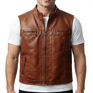 Men's <b>Brown</b> Genuine Leather Casual Lace Spring Moto <b>Vest</b> V-neck Zipper Closure Solid Color Outerwear Plus Size Regular Fit - Product Image 1