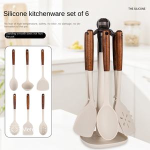 New Sustainable Modern <strong>Wooden</strong> Handle Silicone <strong>7</strong>-Piece Kitchenware Set High Temperature Resistant Non-Stick Pan Gas Induction - Product Image 4