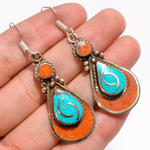 Turquesa, pendientes de piedras preciosas de gota de Coral, pendientes de plata tibetana de moda, joyería en línea de diseño - Product Image 1