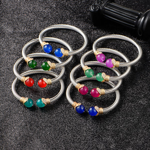 Pulsera Abierta de Acero Inoxidable con Incrustaciones de Piedras Naturales y Microdiamantes, Joyería Unisex, Regalo, Origen Yiwu - Product Image 1