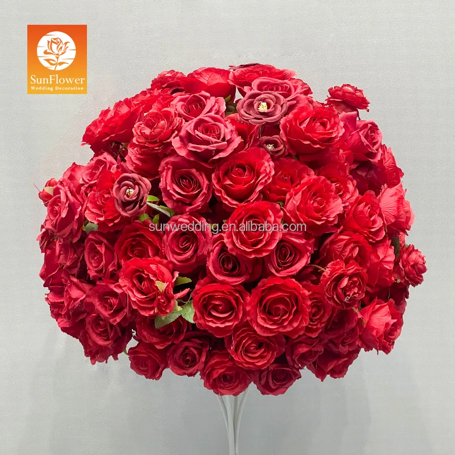 Sunwedding Hot sale rayon red rose ball wedding ornament ball rose flower center for wedding decoration