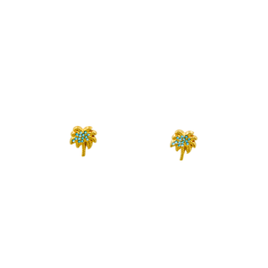 Fashion <b>Stud</b> <b>Earrings</b> 316L Stainless Steel PVD Gold Plating <b>Blue</b> CZ Palm Tree Design - Product Image 1