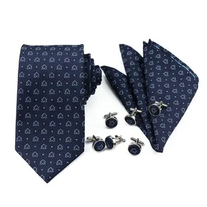 Cravatta da uomo blu Navy a pois con cravatta gemelli gemelli e tasca quadrata da uomo con Logo personalizzato cravatte cravatta Set