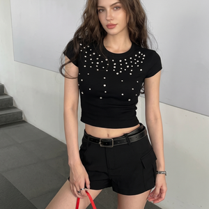 เสื้อยืดกราฟิก Y2K แบบขายส่ง OEM/ODM รุ่น 7715 เสื้อครอปแขนสั้นประดับเพชรเทียมแบบกำหนดเอง เสื้อยืดเบสิคสำหรับผู้หญิง เสื้อผ้าเด็ก - Product Image 1
