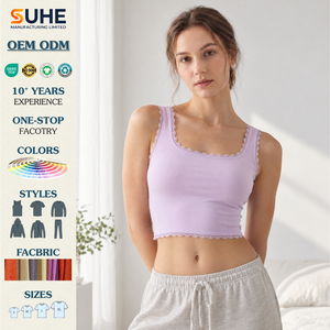 SUHE Women's <b>Lace</b> Trim Square Neck Crop <b>Tank</b> <b>Top</b> Solid Color Breathable Spandex Cotton Yoga <b>Top</b> - Product Image 2