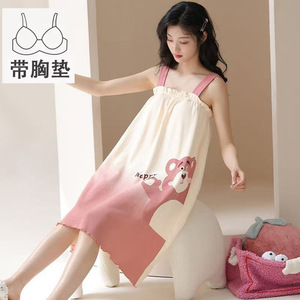 Chemise de nuit d'été pour femmes, avec coussinets de soutien-gorge, longueur moyenne, en soie de lait, style princesse, design de dessin animé, pour jeunes femmes - Product Image 5
