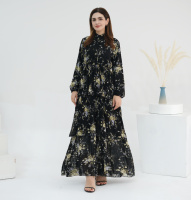 Accessoires de vêtements musulmans traditionnels nouveau modeste imprimé fleuri à volants à manches longues Maxi Hijab robe Abaya fête décontracté été